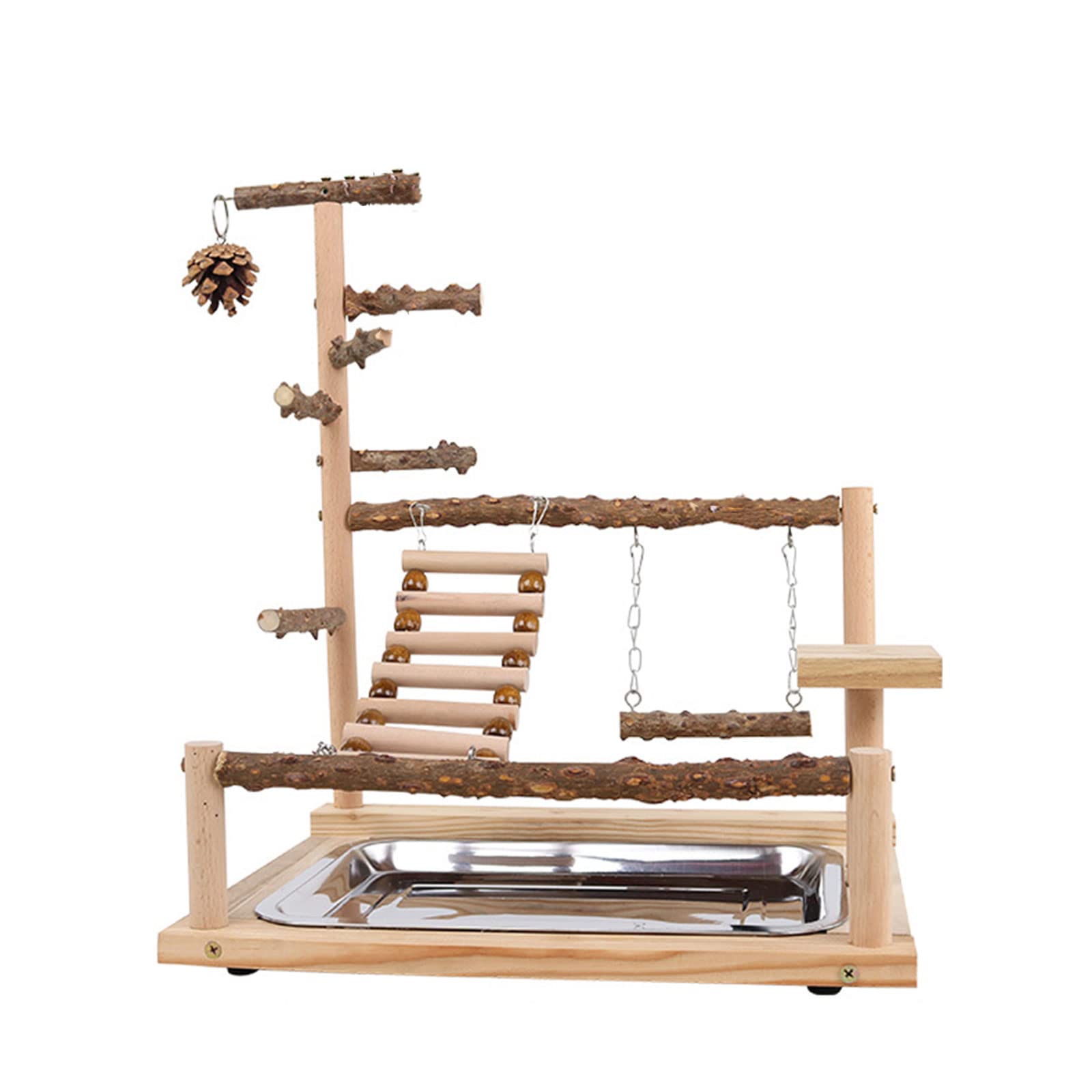 Pet Parrot Playstand Pappagalli Uccello Uccello Gioca Stand Trespolo in Legno Scala con Piastra di Alimentazione in Acciaio