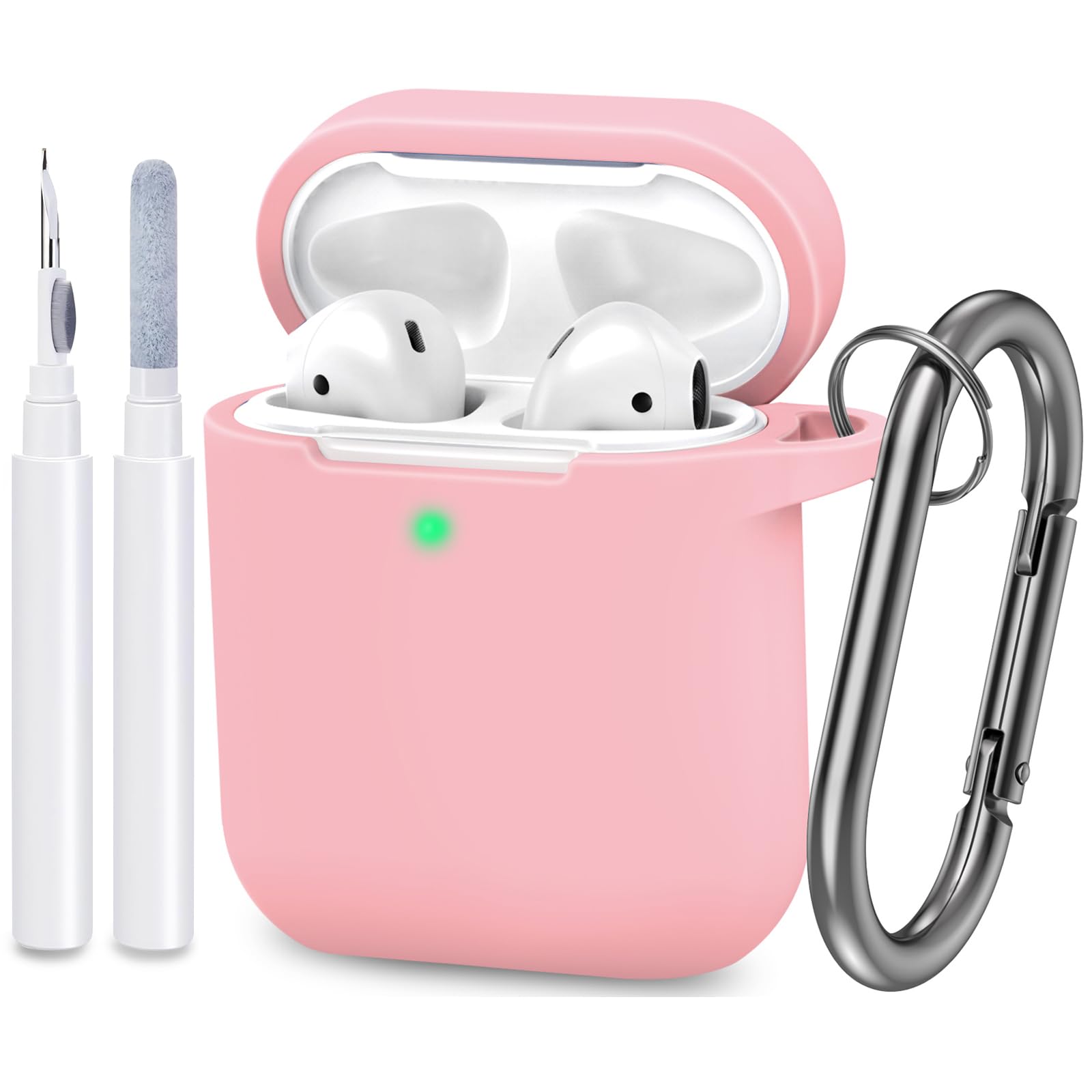 ATUAT Compatible with AirPods Case, Silicone Cover with U Shape Carabiner, 360°Protective, Dust-Proof, Super Skin Silicone Designed for Apple AirPods 1st/2nd (Pink)