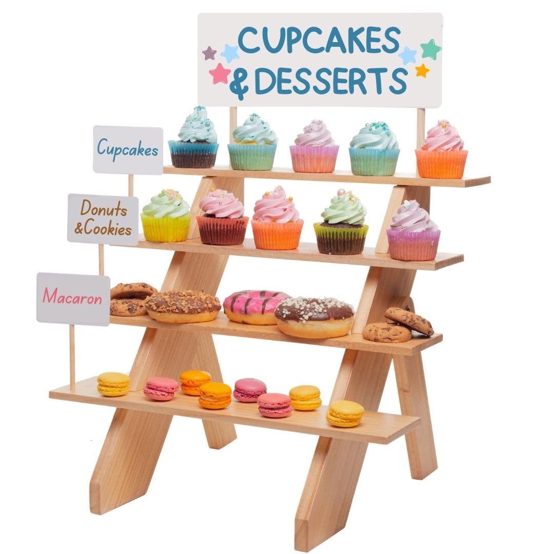 4 Tier Wooden Cupcake Stand - Display Risers for Dessert Table, Wood Stands for Food Small Collectibles Candles Buffet Catering Bakery, Ladder Tiered Shelf Cupcakes Holder, Rustic Wedding Party Decor