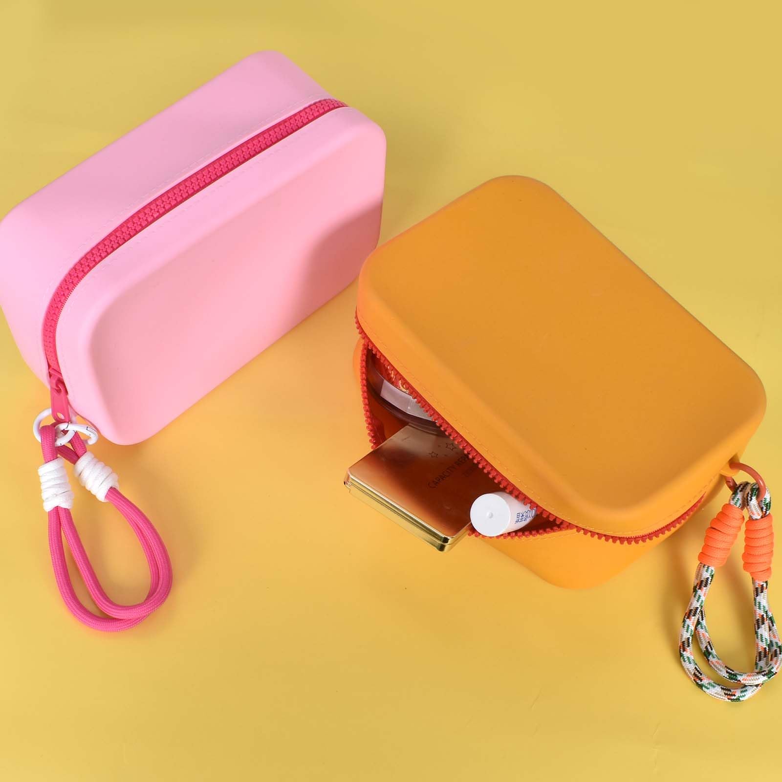 Bolsa de Cosméticos de Silicona, Bolsa de Maquillaje de Viaje, Neceser de Aseo Impermeable, Bolsa Aseo Silicona Portátil 2 PCS Rosa y Naranja, Bolso de Tocador para Mujeres y Hombres