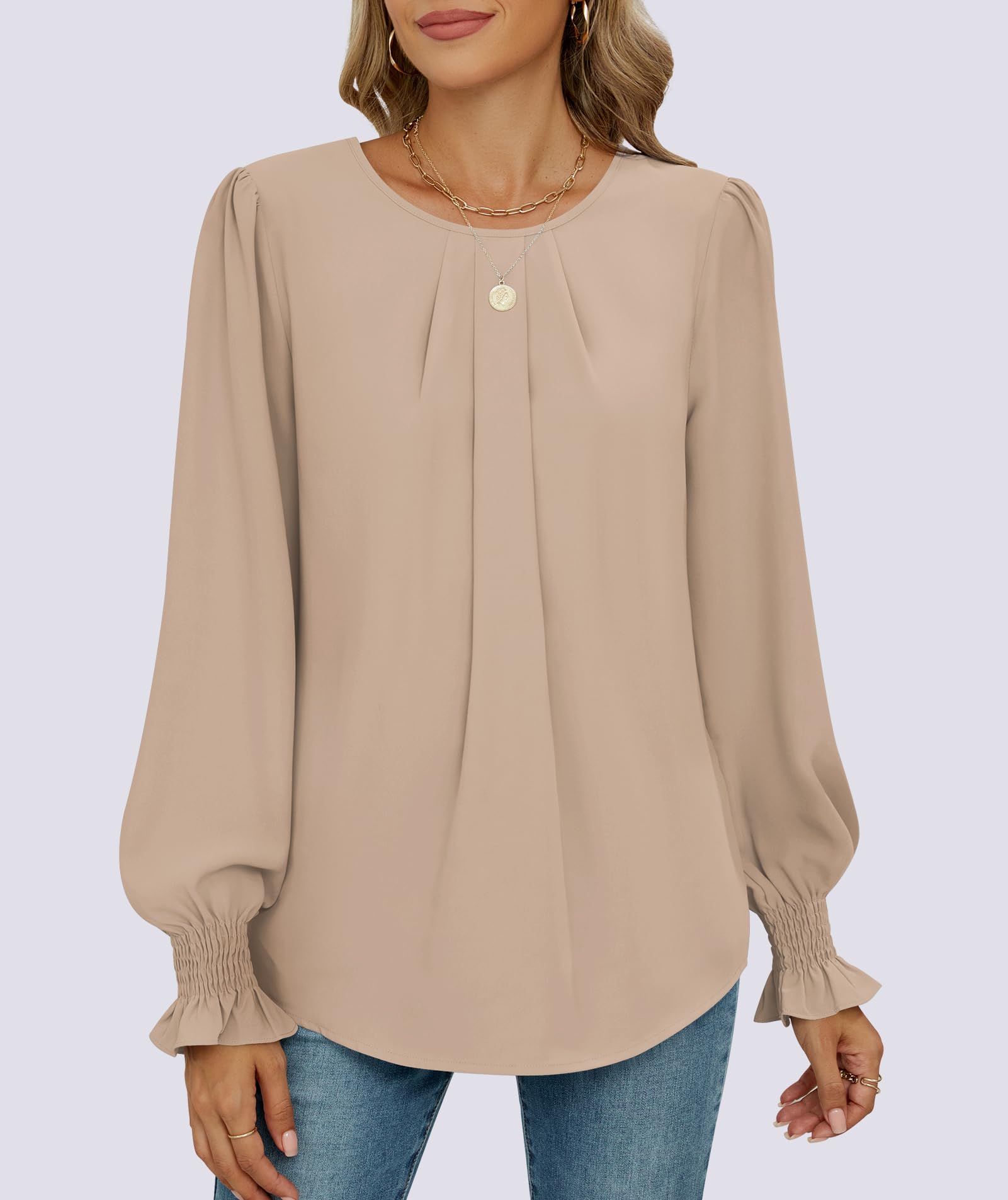 Funlingo Blusas de gasa para mujer, elegantes, informales, fruncidas, de manga larga, plisadas, cuello redondo, holgadas, para otoño de 2025