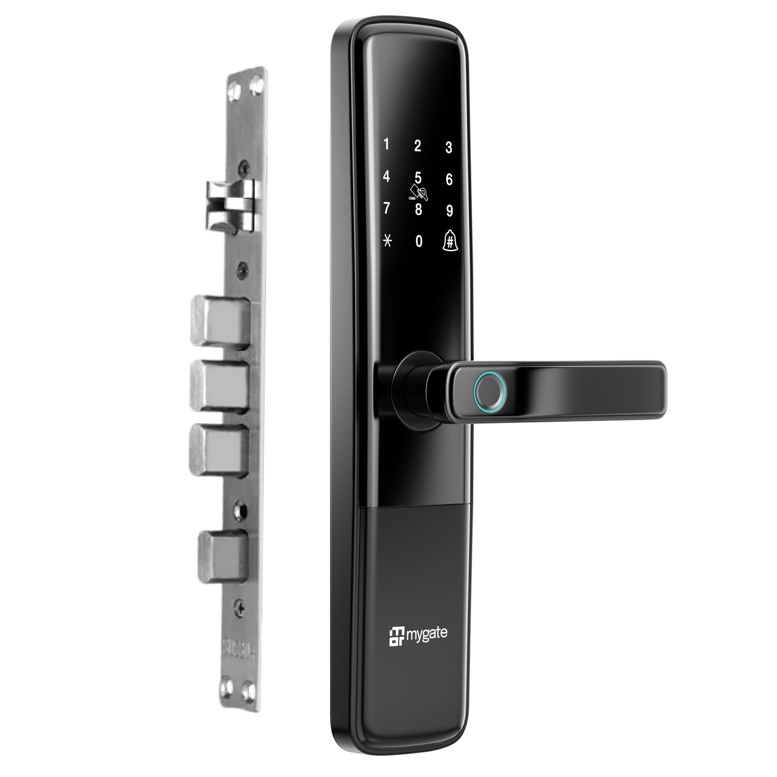 Mygate Smart Door Lock Plus (2026 Model) with 6-Way Unlock | Fingerprint, PIN, Mobile App, RFID Card, Manual Keys | Remote Unlocking via OTP | for Main Wooden Doors (Glossy Black)