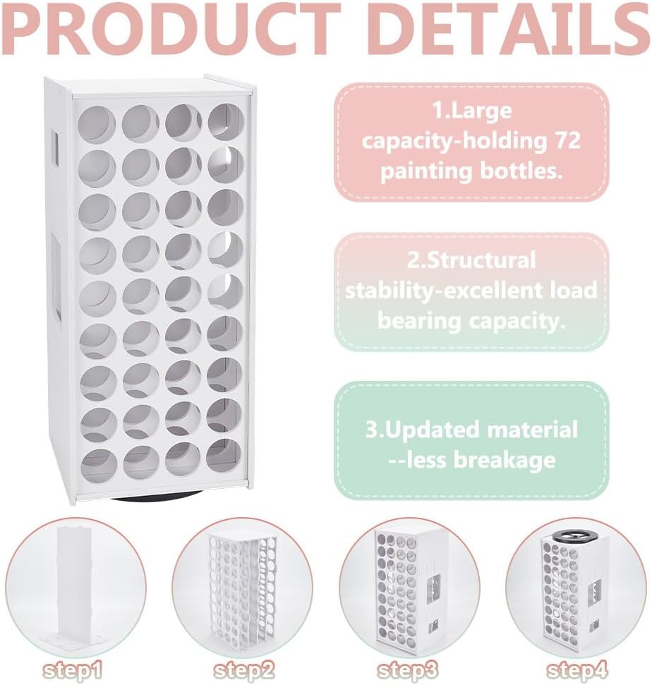 ORIGACH 72 Grids Paint Organizer, Acrylic Paint Storage for 3.7cm Hole, 360° Spining Craft Storage Organizer Tower for Art Painting, DIY Craft, Classroom & Home Art Supplies