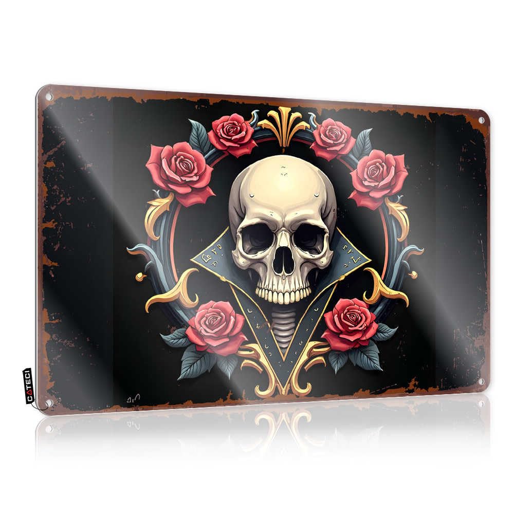Fzfn Colour Rv Camping Accessories Tavern Art - Skull And Roses: A Gothic Floral Emblem Collection Rustic Wall Hanging(30X40cm)
