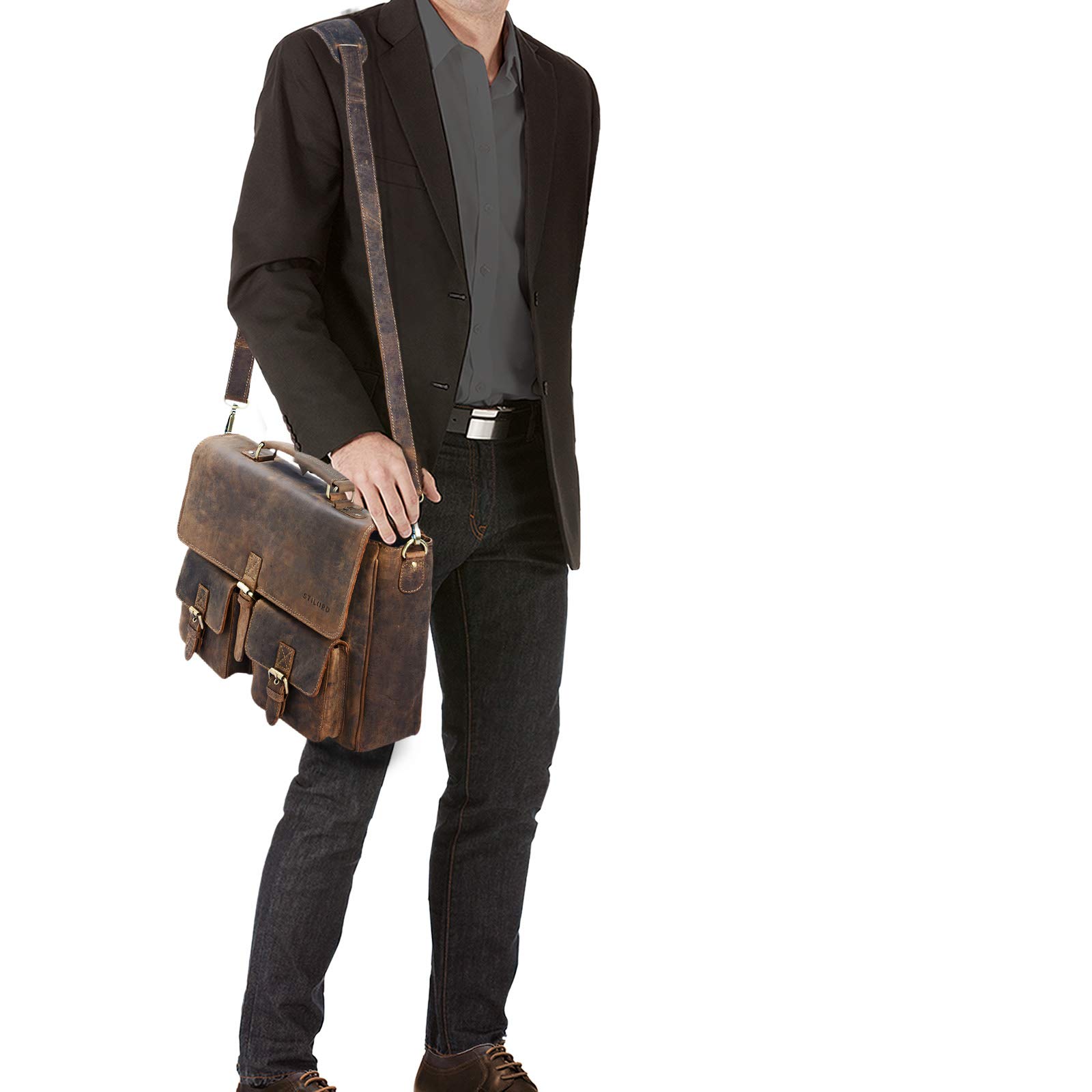 STILORD Victor Maletín Cuero portátil 15.6 Pulgadas Bolso Mensajero Grande Bolso Negocios Bandolera Hombre y Mujer de auténtica Piel Color:Negro