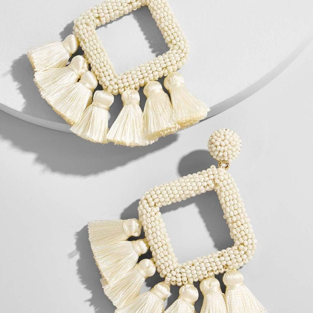 Long Tassel Earrings Statement Bohemian Pom Ball Handmade Drop Dangle Earrings for Women - Image 6