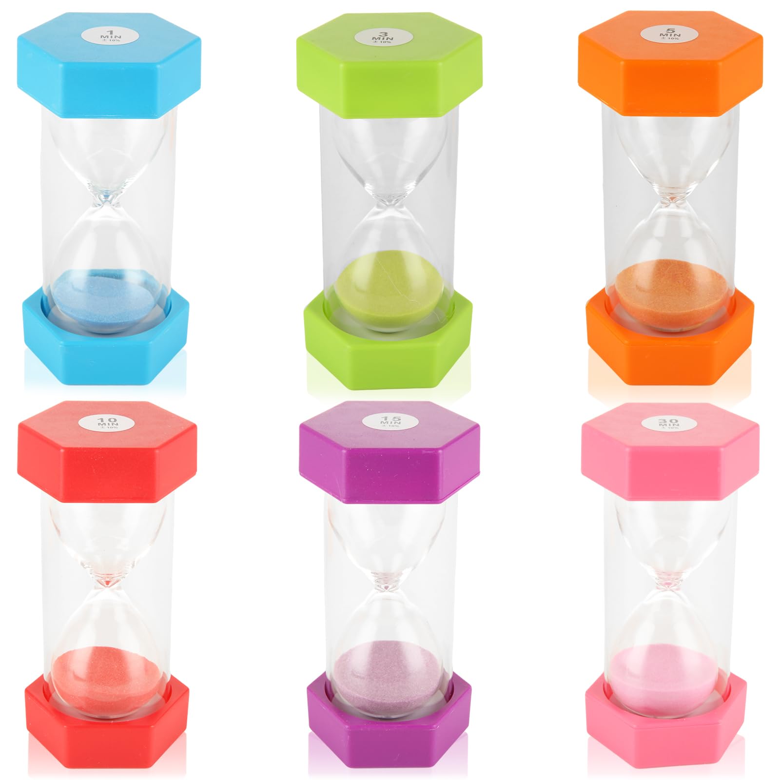 QTLCOHD 6 Pcs Hourglass Sand Timer for Kids, 1/3/5/10/15/30 Minutes Plastic Colorful Hourglass Sand Clock, Unbreakable Visual Timer for Classroom Kids Office Kitchen Decor