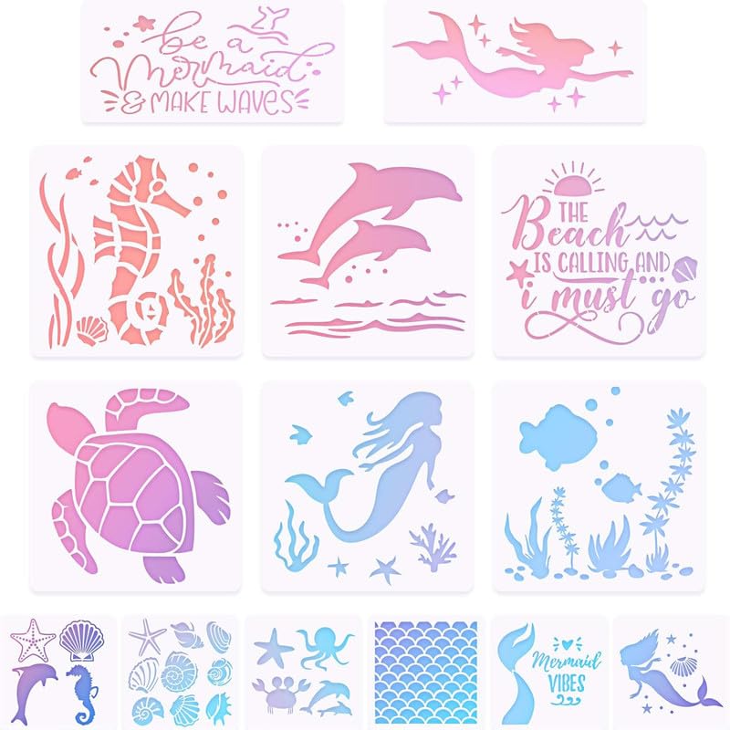 Devasya Crafts 16 Pieces Sea Creatures Stencils Mermaid Sea Creatures Animals Stencils, Fish Scales, Seahorse, Jellyfish, Pearl, Shell for Arts Card Making Journaling Scrapbooking DIY Furniture Wall