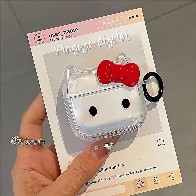 Image of Transparent Clear Earphone Case for AirPods Pro, Cute Lovely Cat Face Soft TPU Silicone Case, Kitty AirPods Pro 2 Cover Protective Skin Shockproof Protector for iPod Earbuds -Red Bowknot Cat