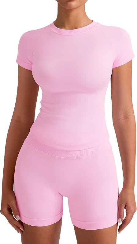 VVX Women 2 Piece Workout Sets Seamless High Waisted Scrunch Butt Lifting No Front Seam Gym Shorts Matching Raglan Sleeve Top