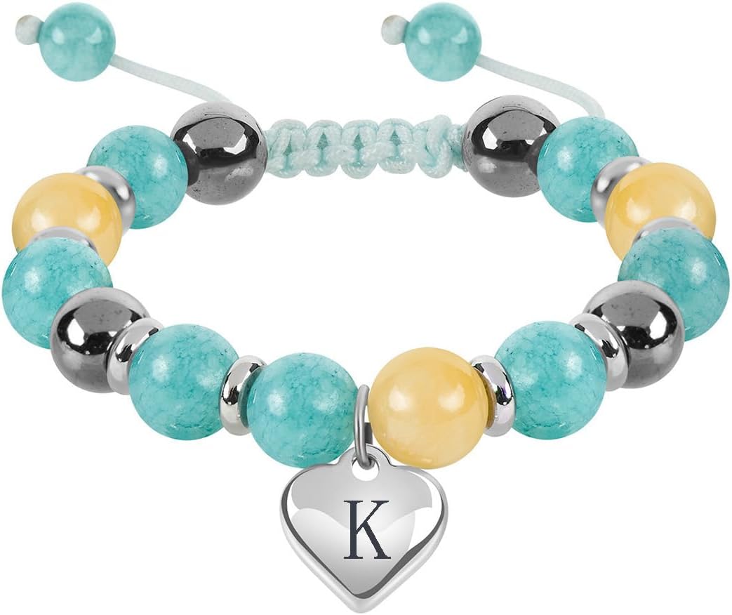 Blue Initials Heart Natural Stone Beaded Bracelet for girl | Adjustable Natural Stone Beaded Bracelets for Girls Jewellery | Daughter/Granddaughter/Niece/Bracelets for Girls Jewellery