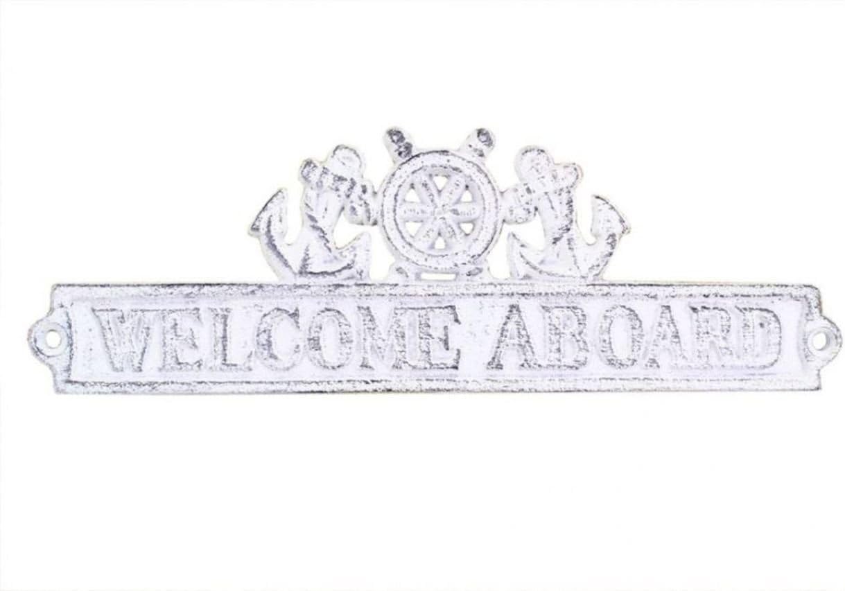 Hampton Nautical K-9328-w Cast Iron Welcome Aboard Sign with Ship Wheel and Anchors, 9", Whitewashed