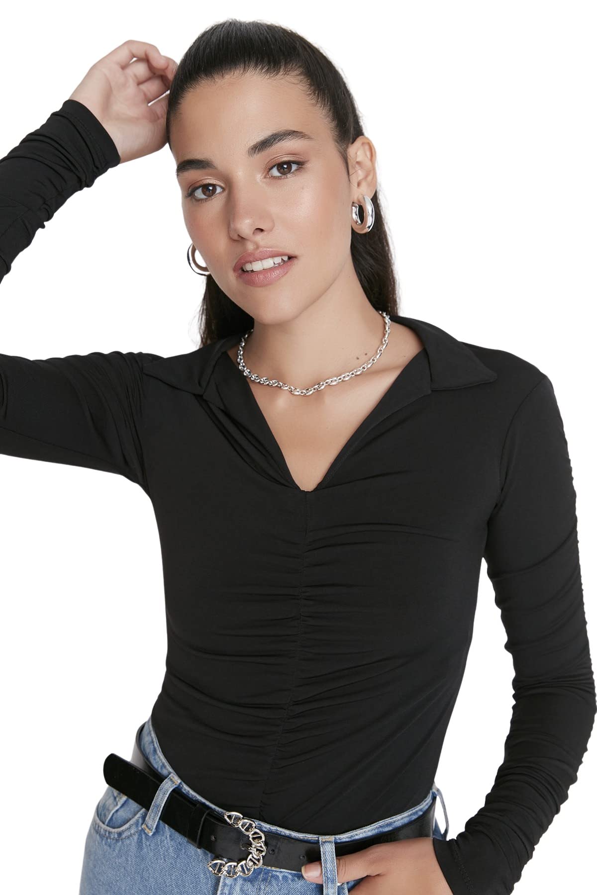 Trendyol Damen Schwarz Gerade Lange Ärmel Schlank Die Bluse