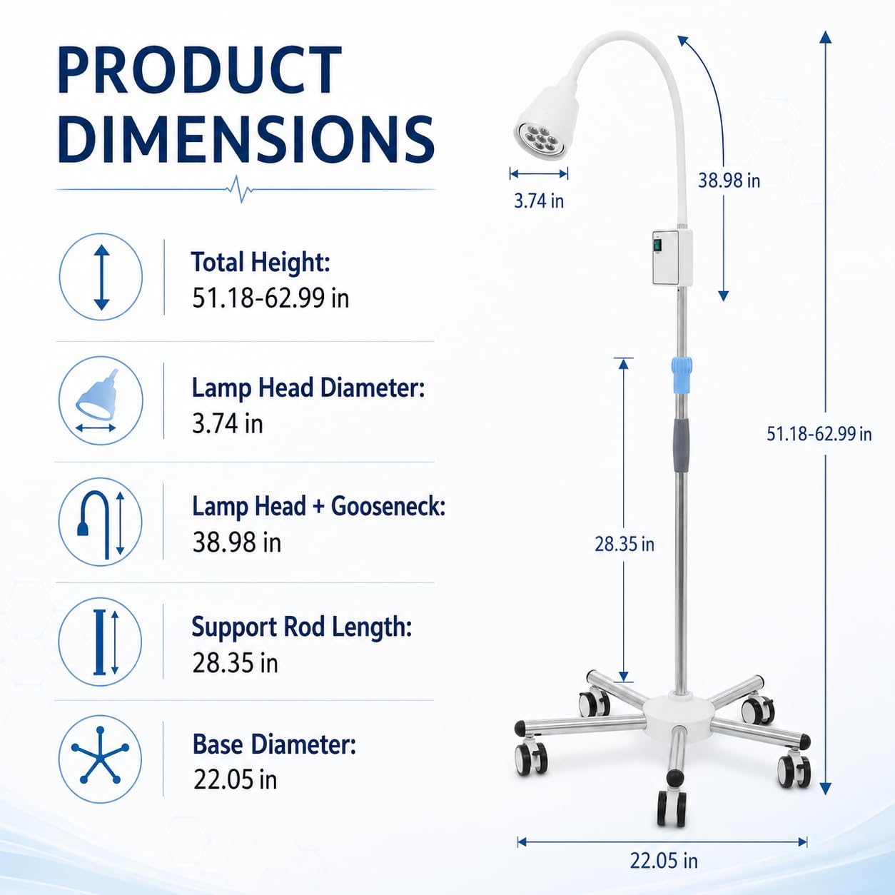 Lampe Chirurgicale Médicale Dentaire Rotation à 360° LED Lampe D'examen Chirurgical Type Support De Sol Avec Roues,Pour Usage Ambulatoire, Dentaire, Familial (Avec 5 roulettes)