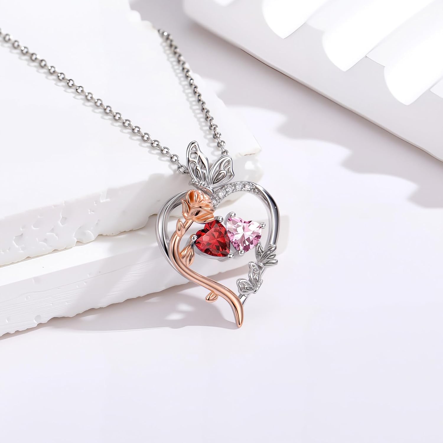 Valentine's Day Gifts for Women Heart Rose Butterfly Birthstone Pendant Necklaces 18k White Gold Plated Jewelry Anniversary Birthday Gifts Women Girlfriend Wife Mom Grandma - Image 4