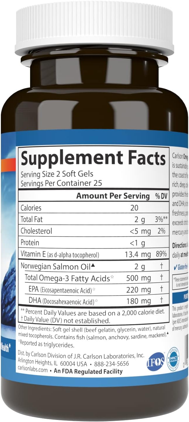 Carlson Salmon Oil, 500mg Omega-3s, Wild-Caught Norwegian Fish Oil, Sustainably Sourced, 50 Softgels (Pack of 2)