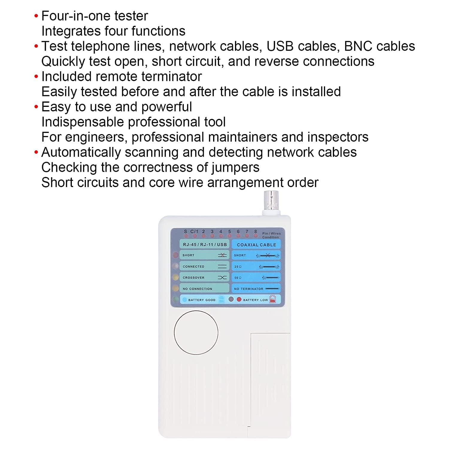 AASONS 4 In 1 Remote Cable Tester RJ45, RJ11, USB and BNC LAN Network Cable Cat5 Cat6 Wire Tester for UTP STP Telephone LAN Cables Tracker Detector Tool 1
