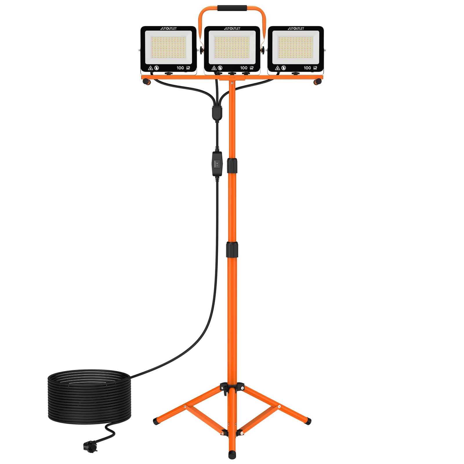 AUTOUTLET Baustrahler LED mit Stativ 300W, 3 Farbtemperaturmodi & 5M Kabel | 27000LM Baulampe, 3000K/5000K/6500K, 118-174cm Höhenverstellbar Stativ, IP66 Wasserdicht, Abnehmbar, für Garage Baustelle