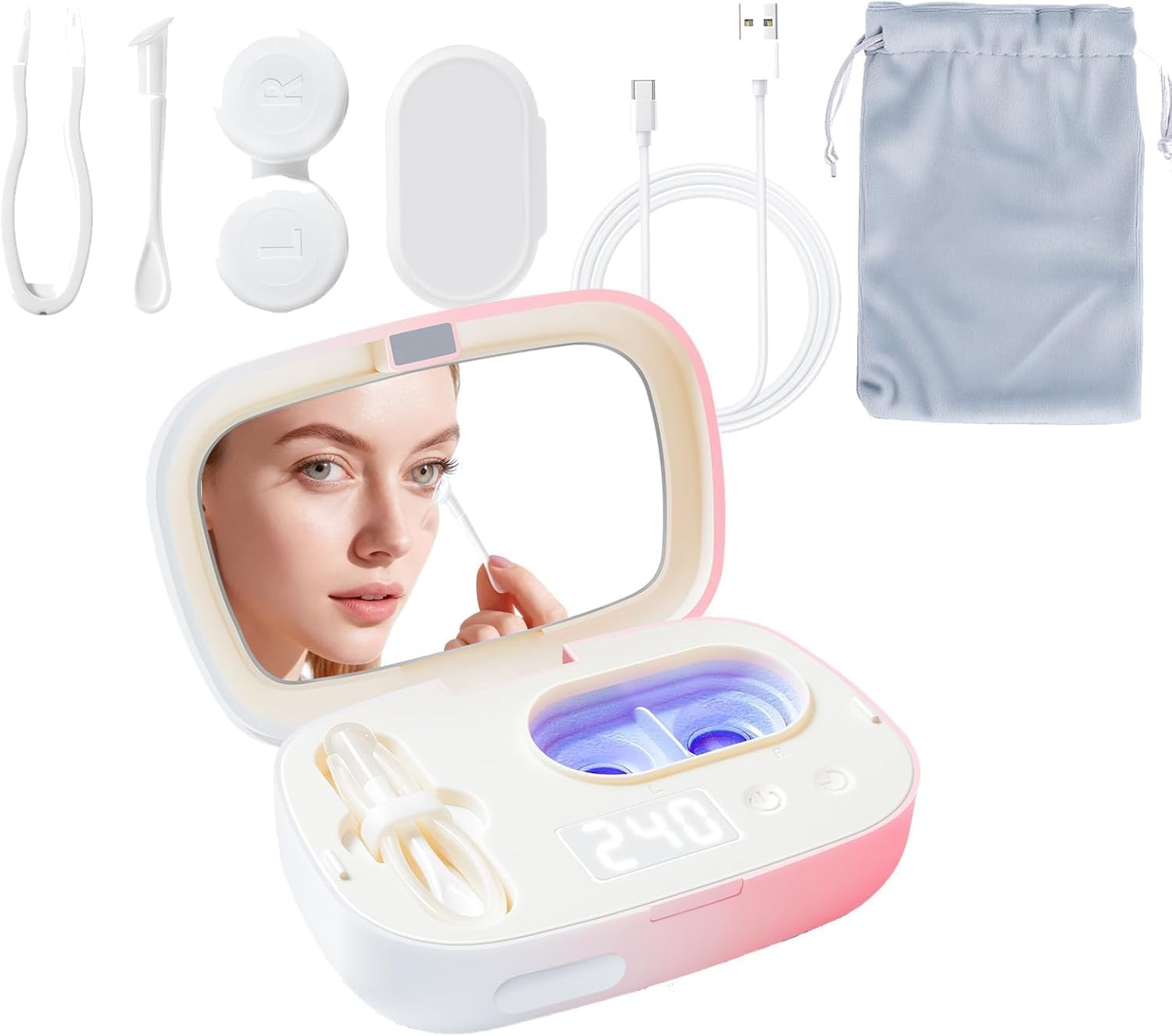 Portable Ultrasonic Contact Lens Cleaner, Rechargeable, Pink