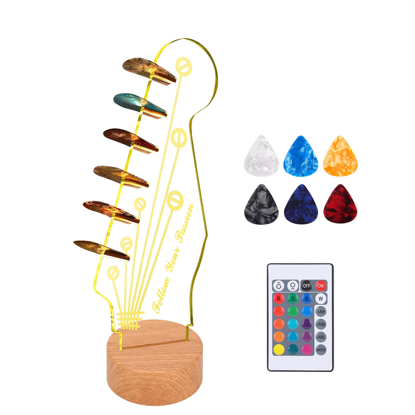 GreeSuit Light Up Guitar Pick Holder: 16-Color Luminous Clear Acrylic Solid Wooden Guitar Pick Holder for Picks Storage and Display, Music Guitar Gifts for Music Lovers Guitar Players