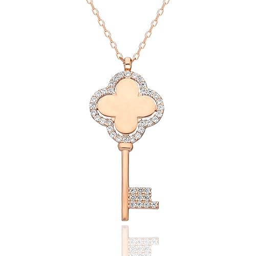 Clover Key Rose Gold Silver Necklace for Women - 925 Sterling Silver, Good Luck Gift, Delicate Chain, Anniversary Gift, Christmas Gift