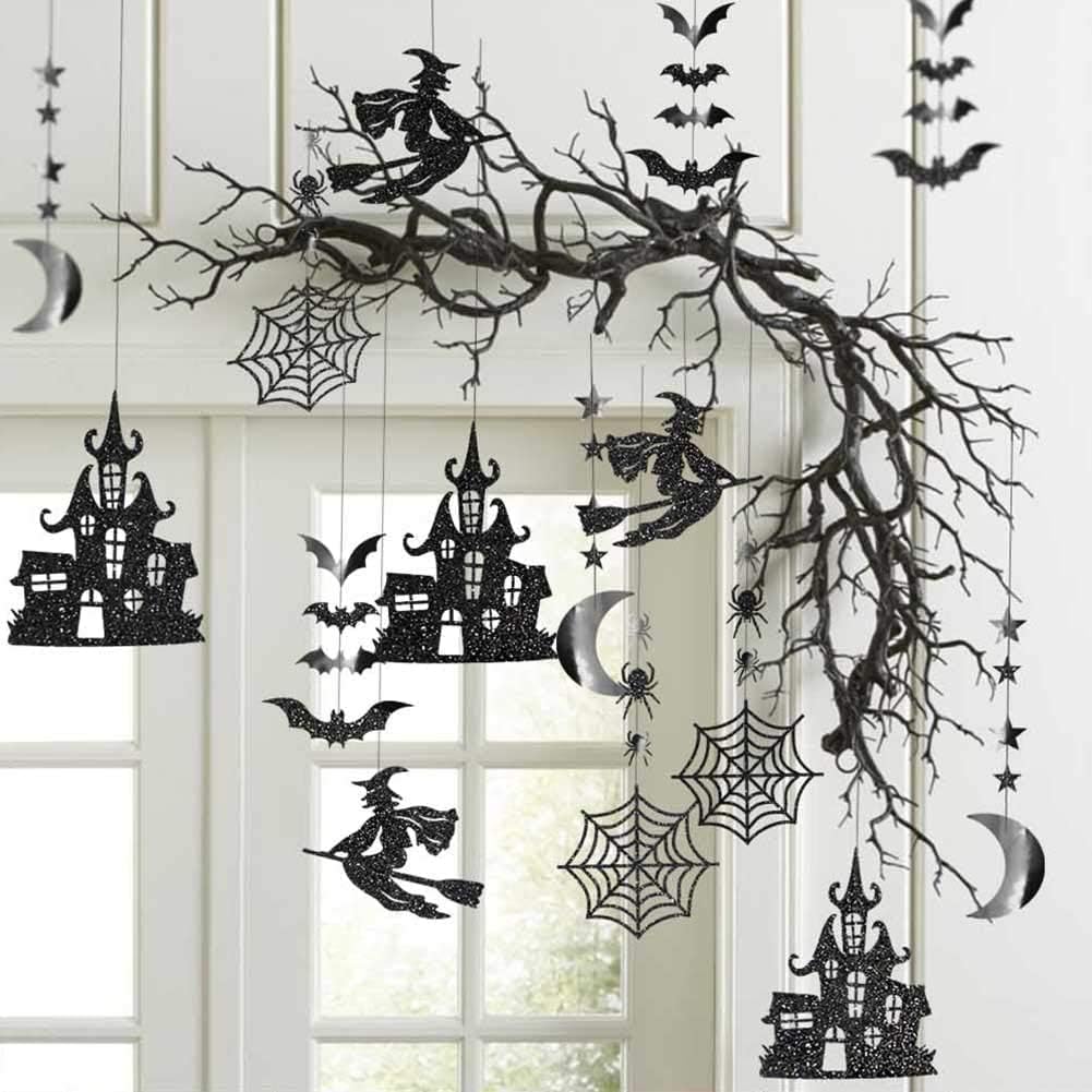 Cheerland Clearance Witch Decorations Gothic Hanging Banner Indoor Garland Glitter Black Decor Moon Star Glitter Garland Decoration Haunted House