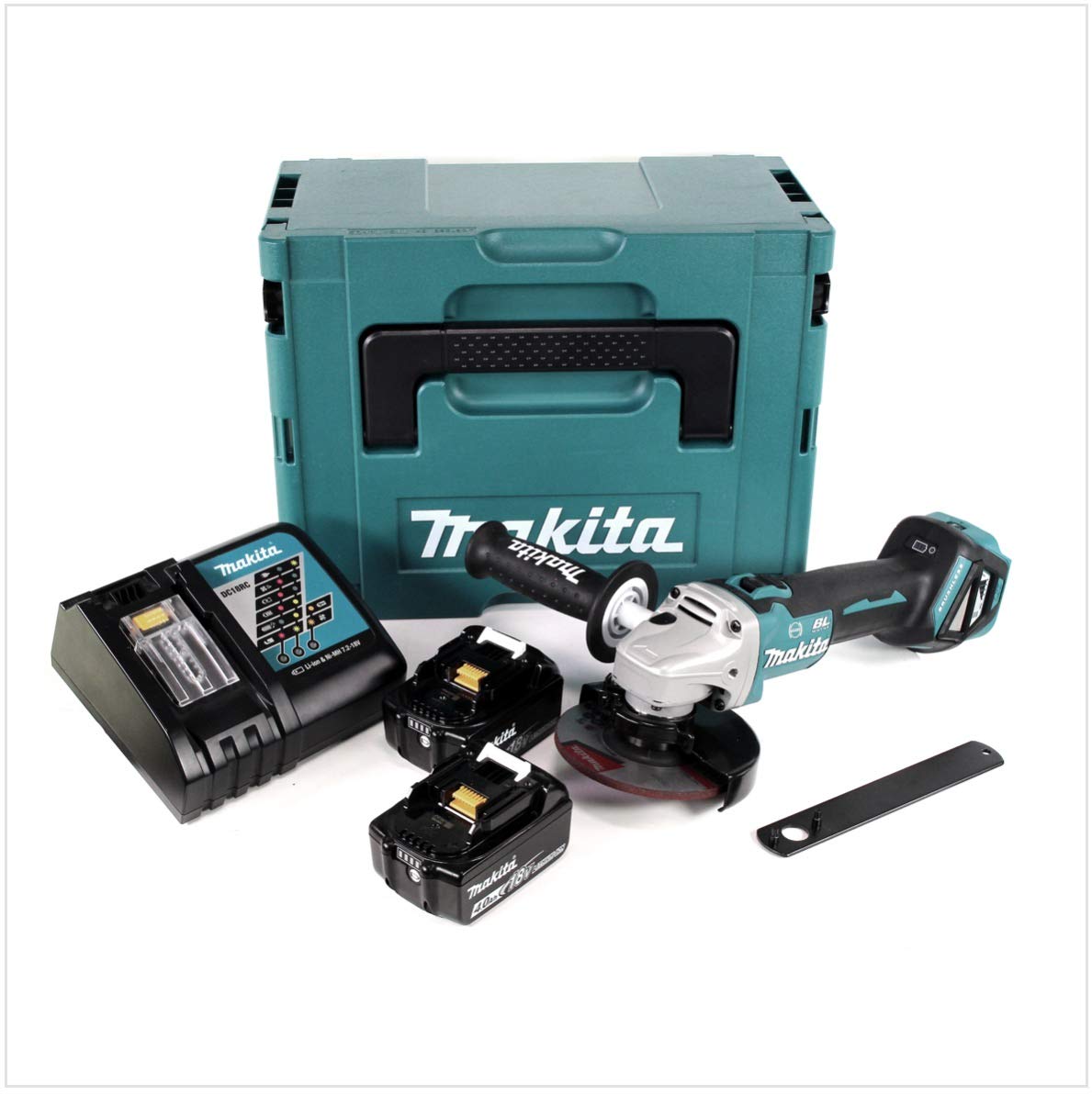 Makita DGA 513 RMJ akumulatorowa szlifierka kątowa 18 V 125 mm bezszczotkowa + 2 x akumulator 4,0 Ah + ładowarka + Makpac
