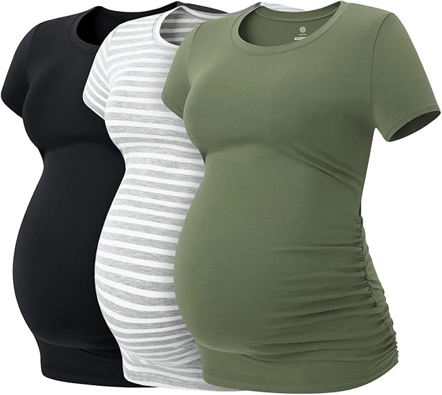 LAPASA Women's Maternity Tops, Soft Modal Cotton Pregnancy Tshirts, Side Ruched Crew Neck Short Sleeve Tees L55, Multicolor 3, S