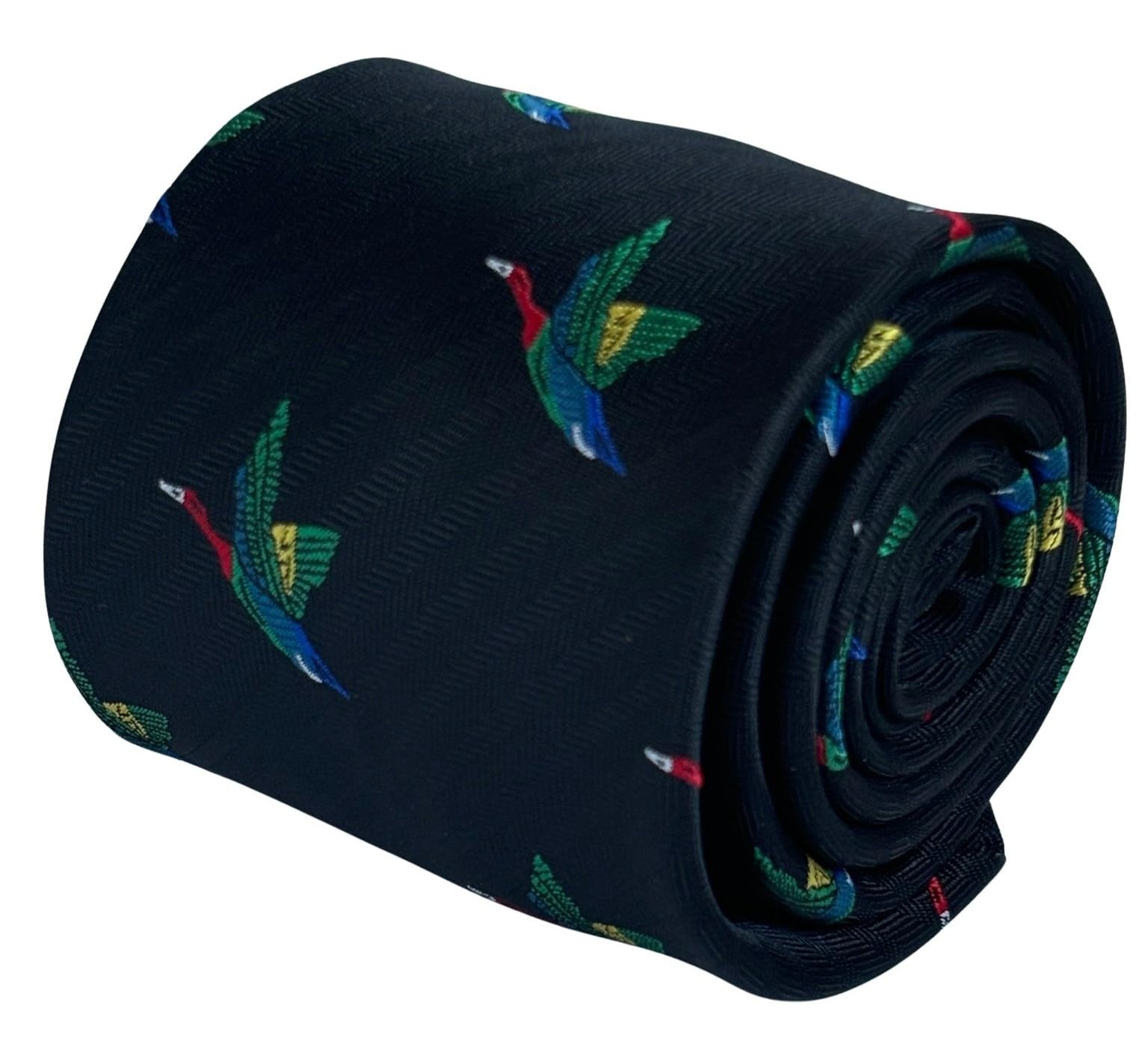 Frederick Thomas Rainbow Coloured Egyptian Goose Macaw Bird Mens Necktie, 8cm Width, 147cm Length, Black