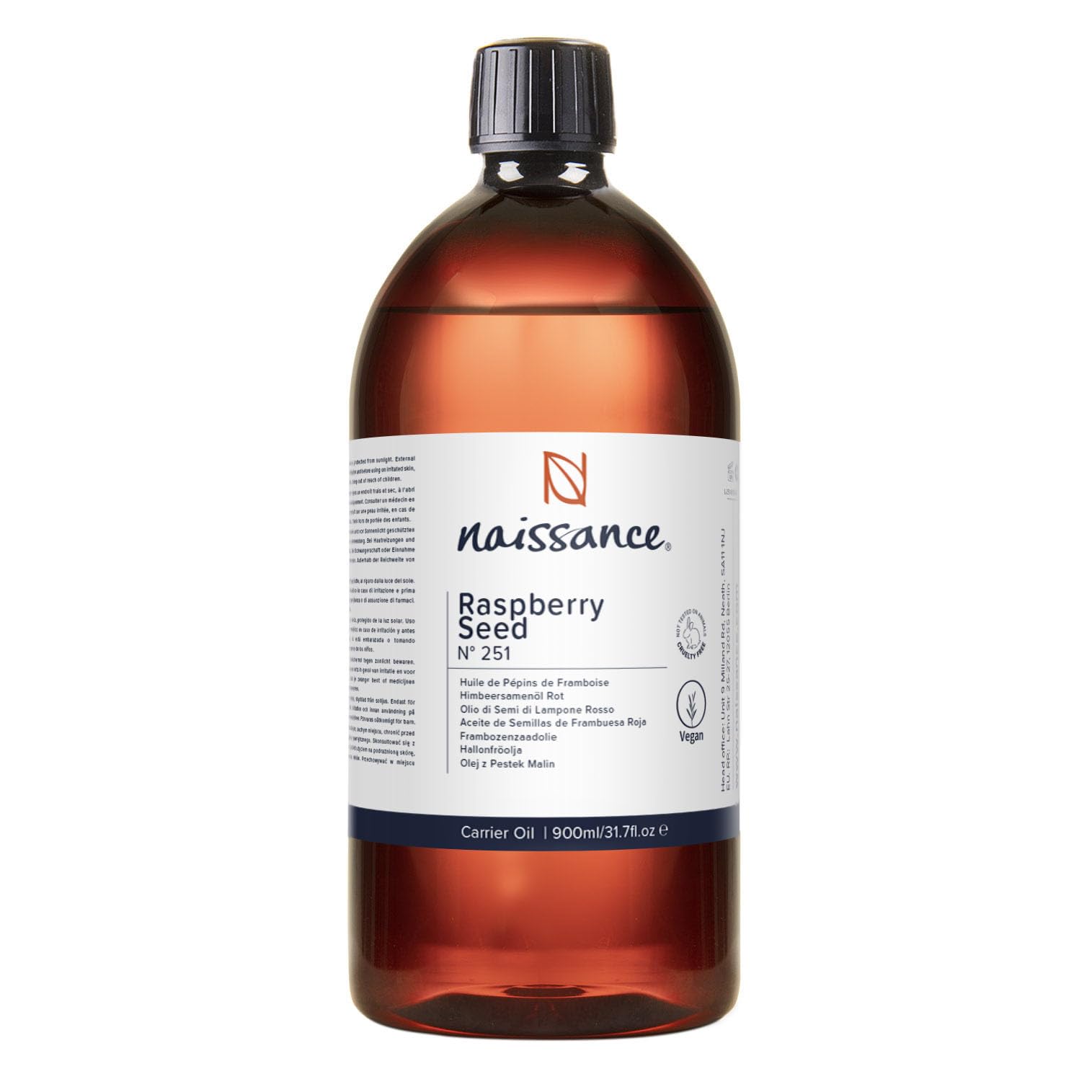 Naissance Red Raspberry Seed Oil (No. 251) - 900ml - Natural, Cold Pressed - for Aromatherapy Massage Base Oil, DIY Beauty Recipes