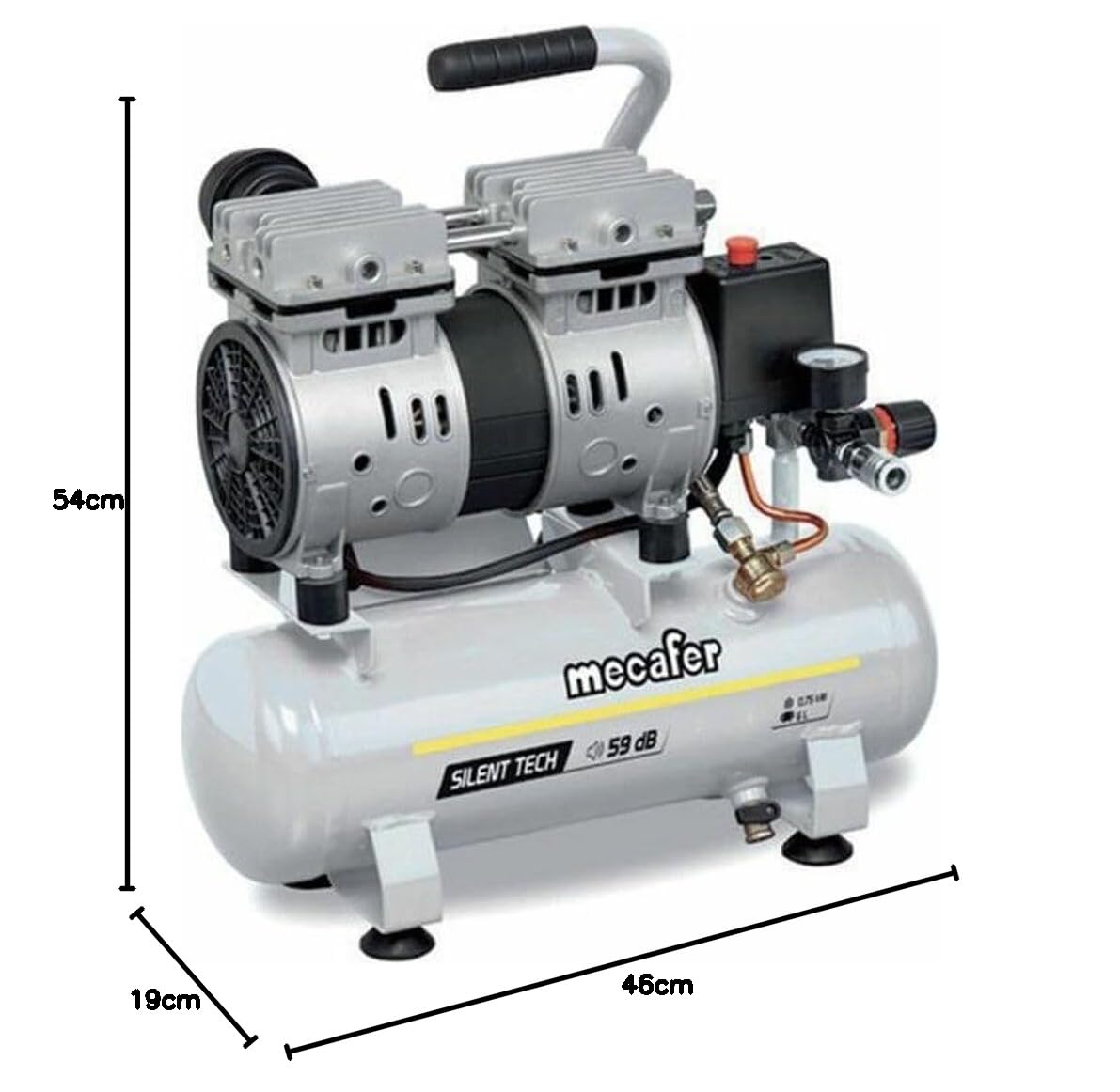 Mecafer 425513 Compresseur Silencieux 59 dB 6L/0,75HP/8 bar