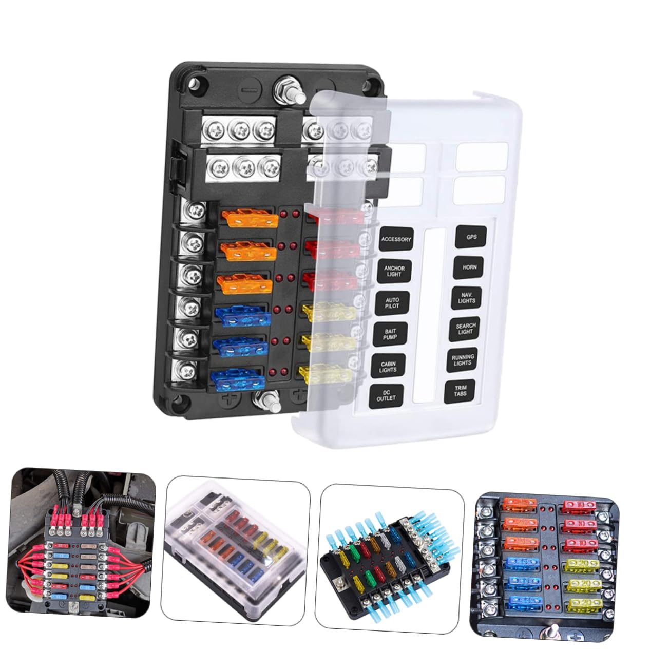 iplusmile Porta Fusibili per Auto e Barca 12 Vie Protezione Anti Spruzzi D'acqua, Struttura in Pbt e Rame Nichelato, Manutenzione Rapida Luce LED Indicatrice e Accessori Completi