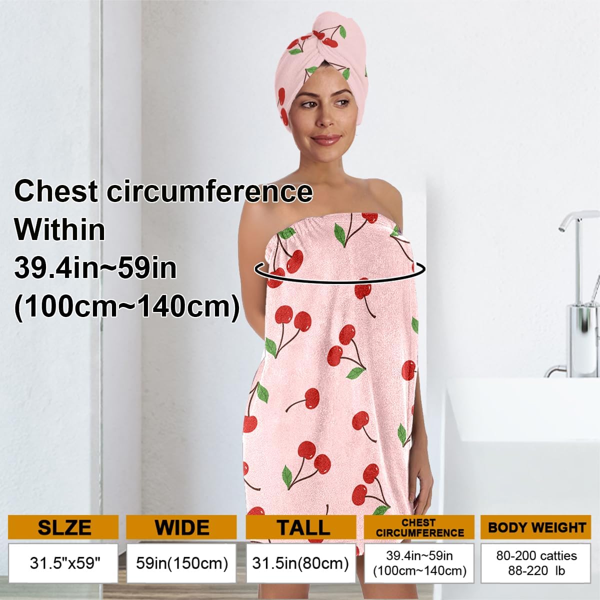 Women's Cherry Print Towel Wrap and Hair Drying Cap Set – Cute Pink Microfiber Shower Wrap with Adjustable Closure – Quick Dry Spa, Dorm, Beach Gift for Her - Image 3