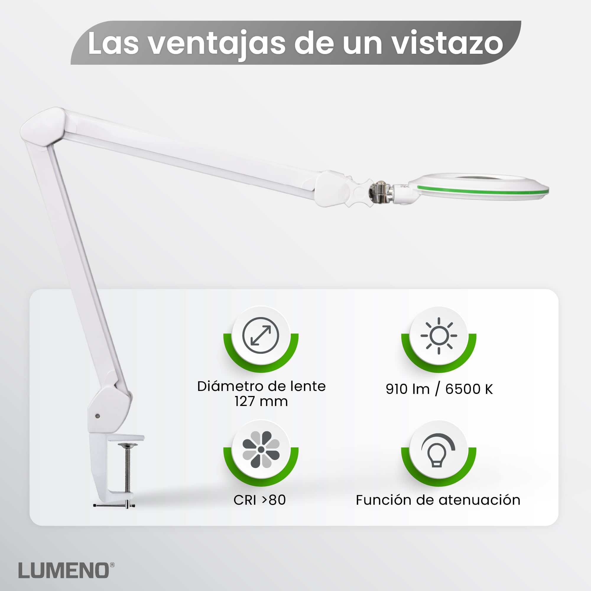 Lámpara de Aumento Lumeno Lambda M, Regulable con Lente de Cristal Transparente de 127 mm, Ideal para Salones de Belleza, consultas médicas, Aficionados, ayudas a la Lectura y más. Verde 3 dioptrías