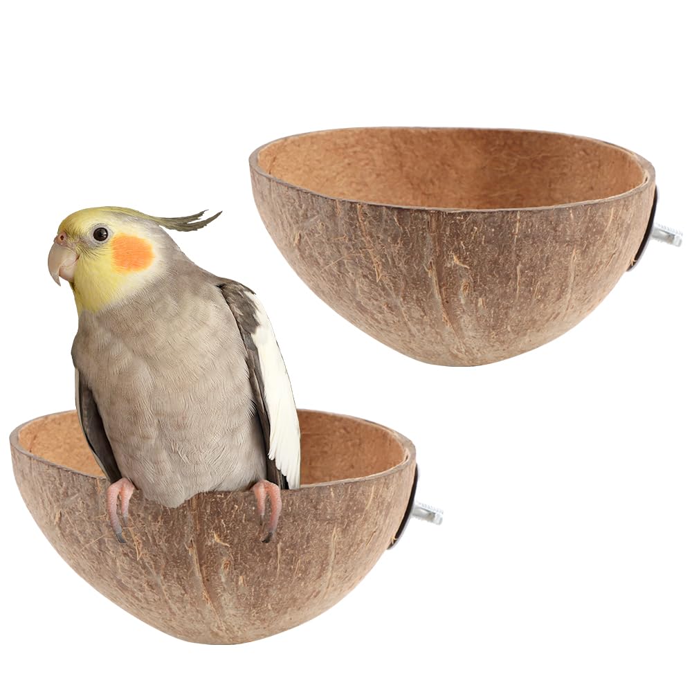 VTurboWay 2 Pack Bird Nest Natural Coconut Shell Parrot Nest Finch House Canary Bed Hatching Nest Breeding Nesting for Cage Sleeping Bird Bed