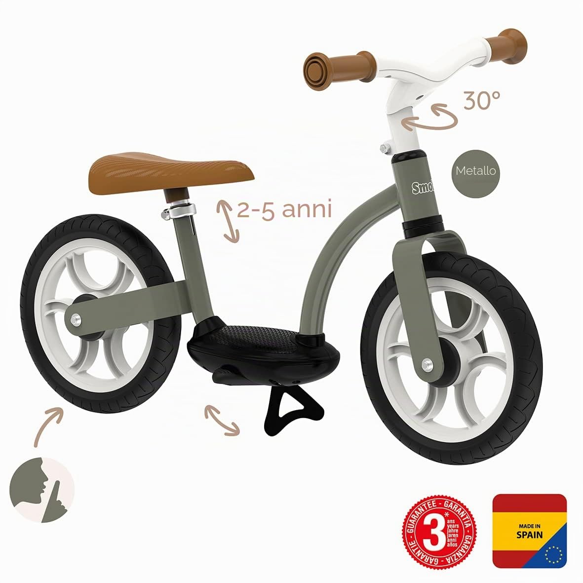 Smoby - Bici senza pedali Comfort - Ruote silenziose - Facile da maneggiare - Poggiapiedi + cavalletto integrato - Sella regolabile - Dai 2 anni