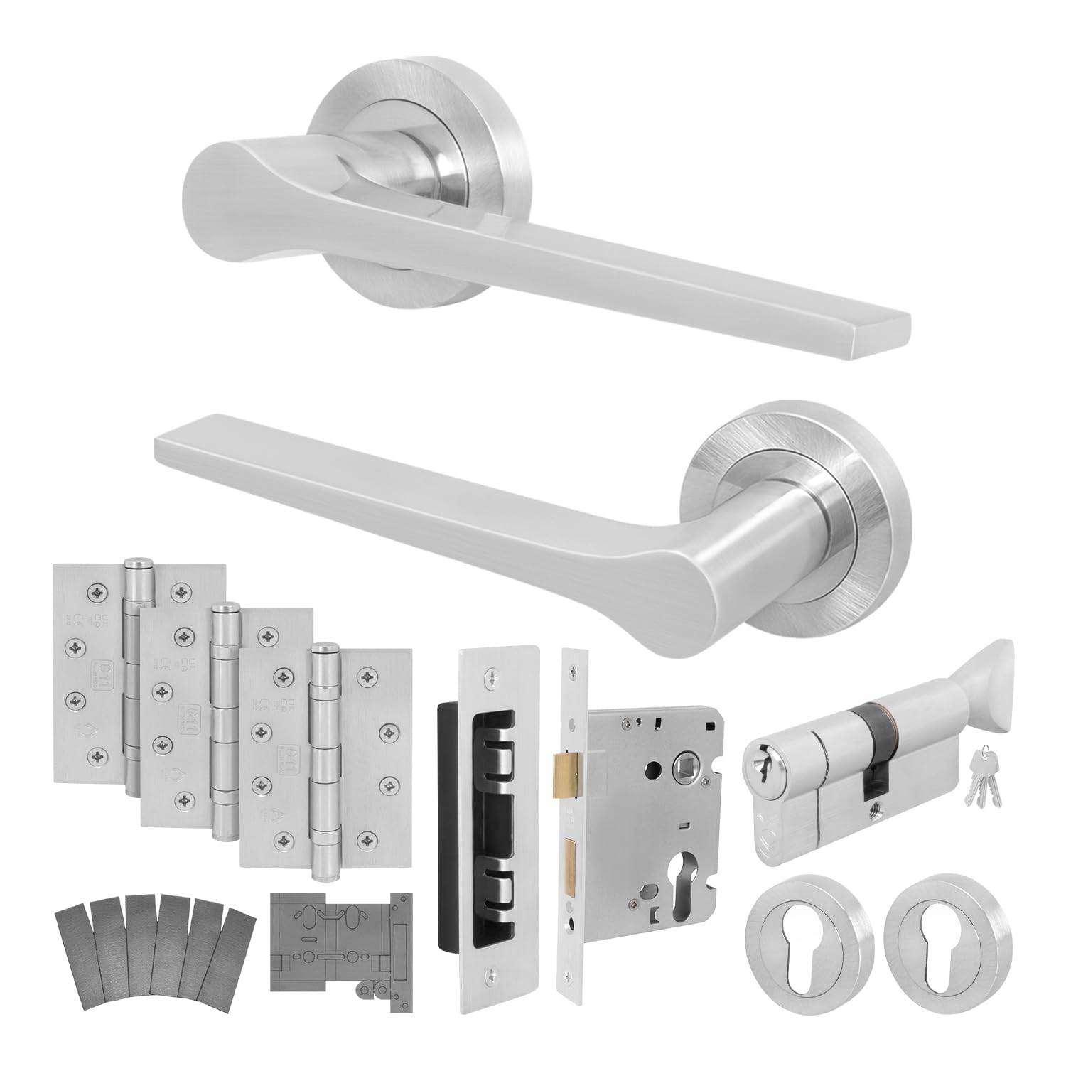 EAI Satin Fire Door Handle Euro Lock and Thumbturn Cylinder Set, Satin Nickel Internal Fire Rated Door Handle Locks Hinges, Tarna Range