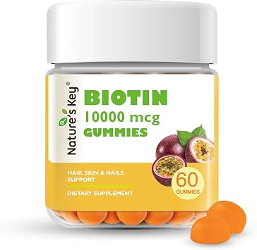 Natures Key Biotin Gummies 10000mcg - Hair Growth & Nail Strength Supplement, Vegan, |Vitamins A B C D E|Folic Acid|Zinic for Women & Men Supports Healthy Hair Growth Supplement,60cts|30 Days