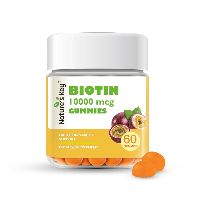 Nature's Key Suplemento de biotina 10000 mcg, vitaminas A, B, C, D e E, ácido fólico e zinco, 60 gomas