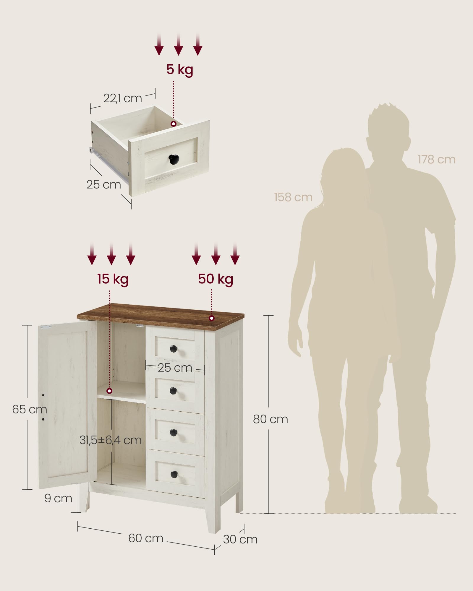 VASAGLE LIRY Colección - Armario de Almacenamiento, Mueble de Baño Estilo Campo con 4 Cajones, Organizador Independiente, Puerta de Granero, Estante Ajustable, Blanco Rústico BBK753W01
