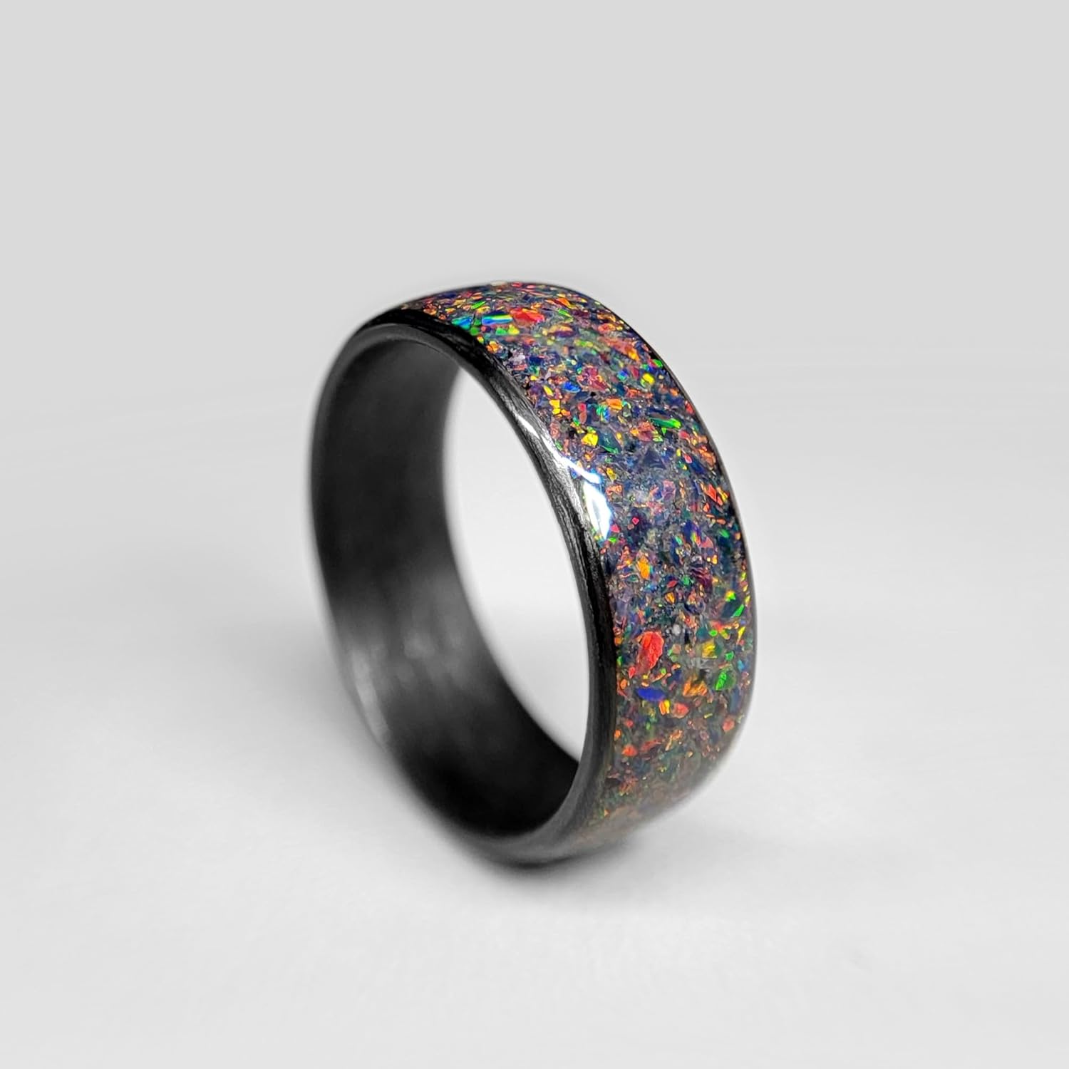 Carbon Fiber Ring with Fire Opal Inlay - Handmade in USA - sizes 4-16 - custom bandwidths