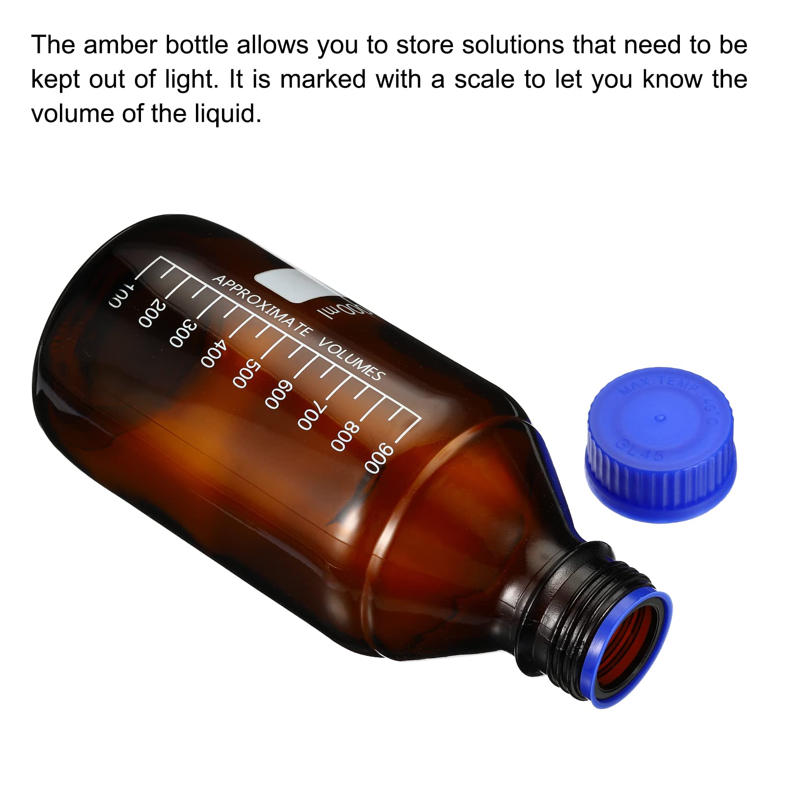 PATIKIL Botella de medios de reactivo de 1000 ml, 2 botellas redondas de almacenamiento de vidrio graduado azul tapa de rosca para el hogar de laboratorio, ámbar