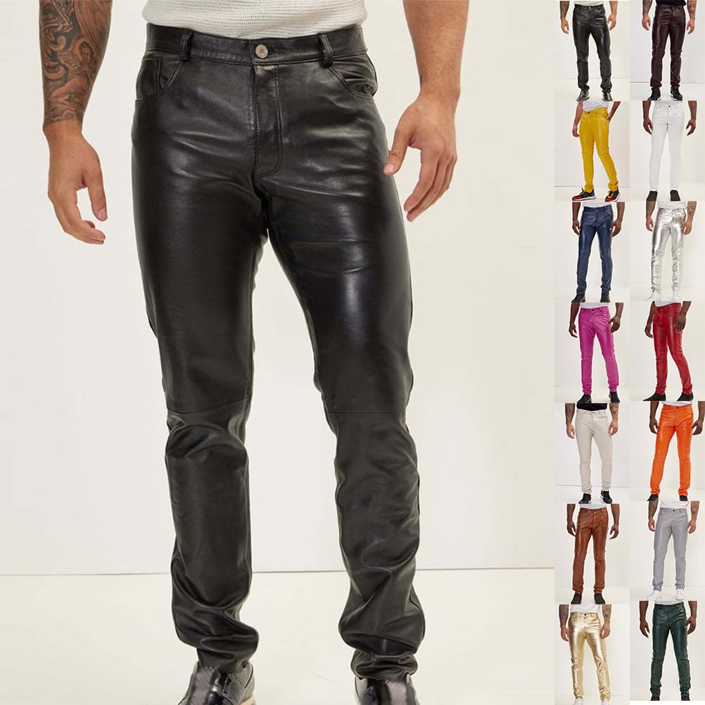Pantaloni di Pelle Uomo Slim Fit Pantalone Moto Biker