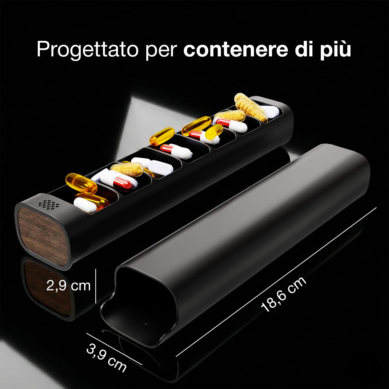 Pill Organizer Portapillole Settimanale in Alluminio Premium, 100 Metallo | Base in Legno, Grande Capacità e Design Elegante, Materiali Resistenti, Perfetto per Viaggio, Senza Plastica - Nero Completo