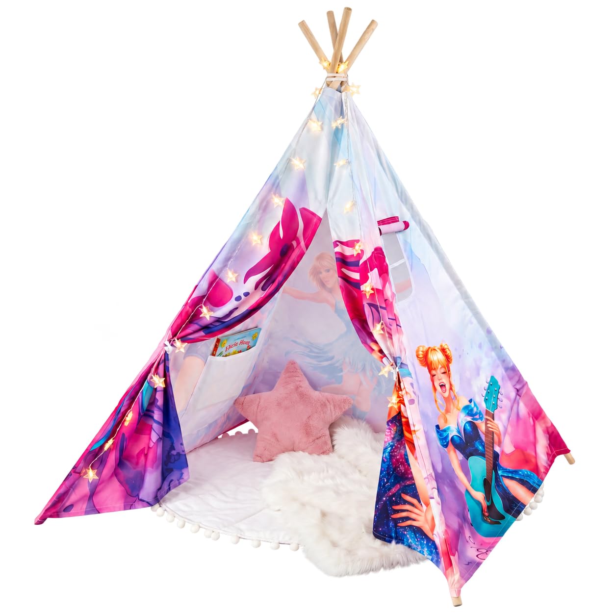 Kids Superstar Teepee Tent with Rug & Lights - Concert-Themed Play Tent