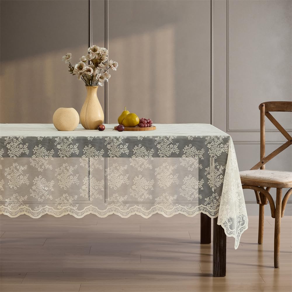 HLC.ME Jolene - Mantel de Tela de Encaje Floral para mesas rectangulares, Resistente a Las Arrugas, Mantel Festoneado Estampado (60 Pulgadas de Ancho x 104 Pulgadas de Largo, Lino Gris Pardo)