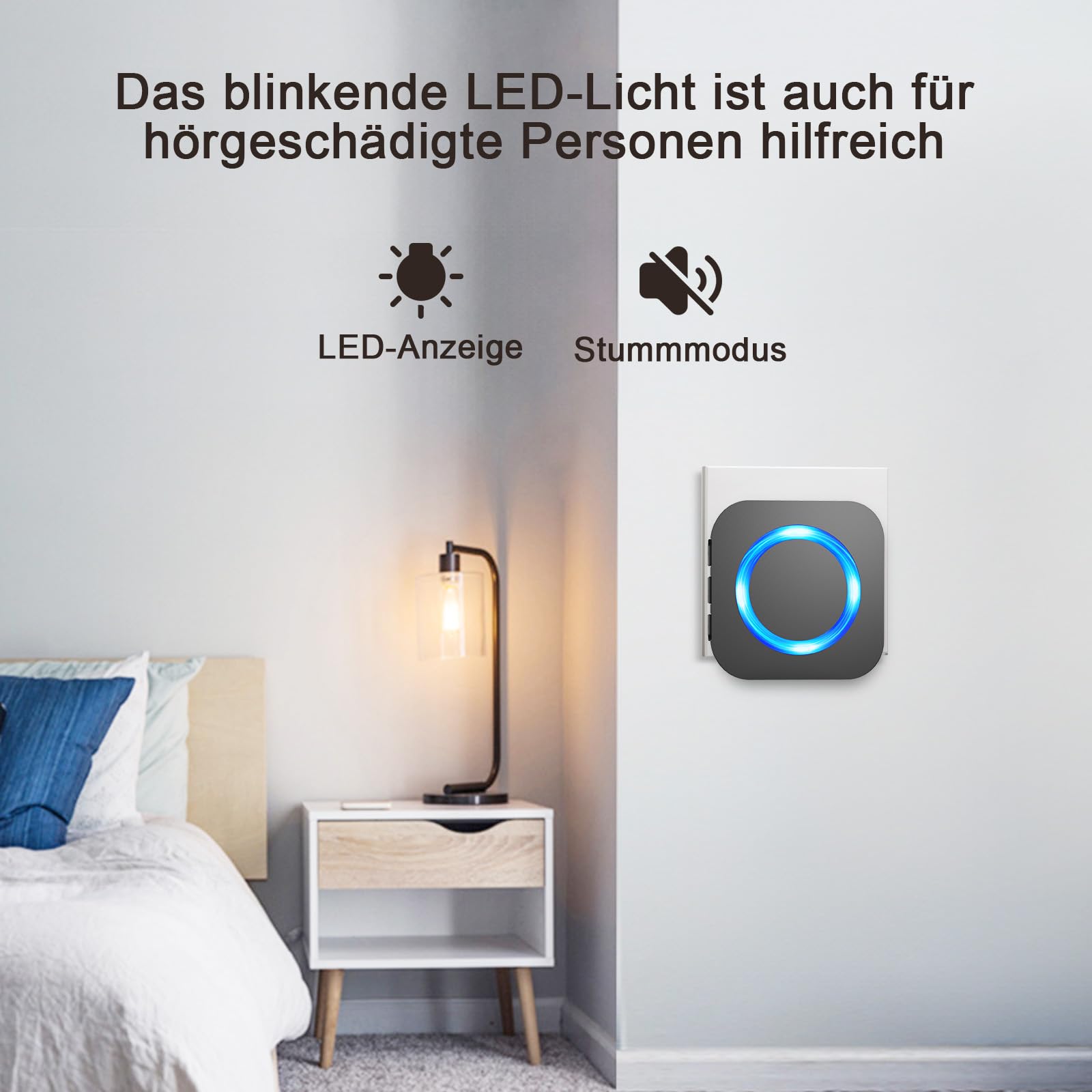 SURFOU Bezprzewodowy dzwonek do drzwi z odbiornikiem plug-in, zasięg 400 m, wodoszczelny, 55 dźwięków dzwonków, 5 głośności, migające diody LED, czarny