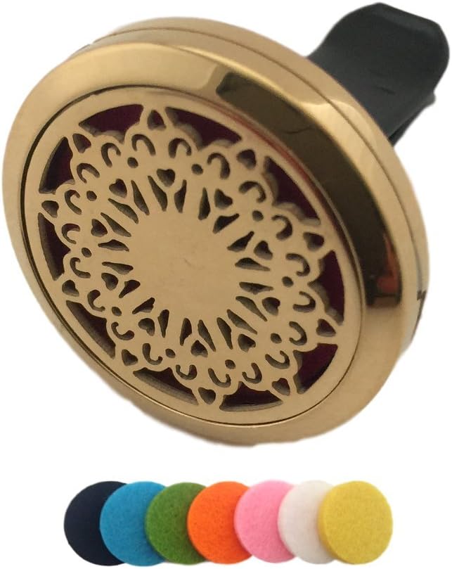 Car Fragrance Diffuser Essential Oil Vent Clip Air Freshener Elegant Gold Plated Hypo-Allergenic Stainless Steel Portable Aromatherapy Sunflower Pendant Gift Box Set (Sunflower)