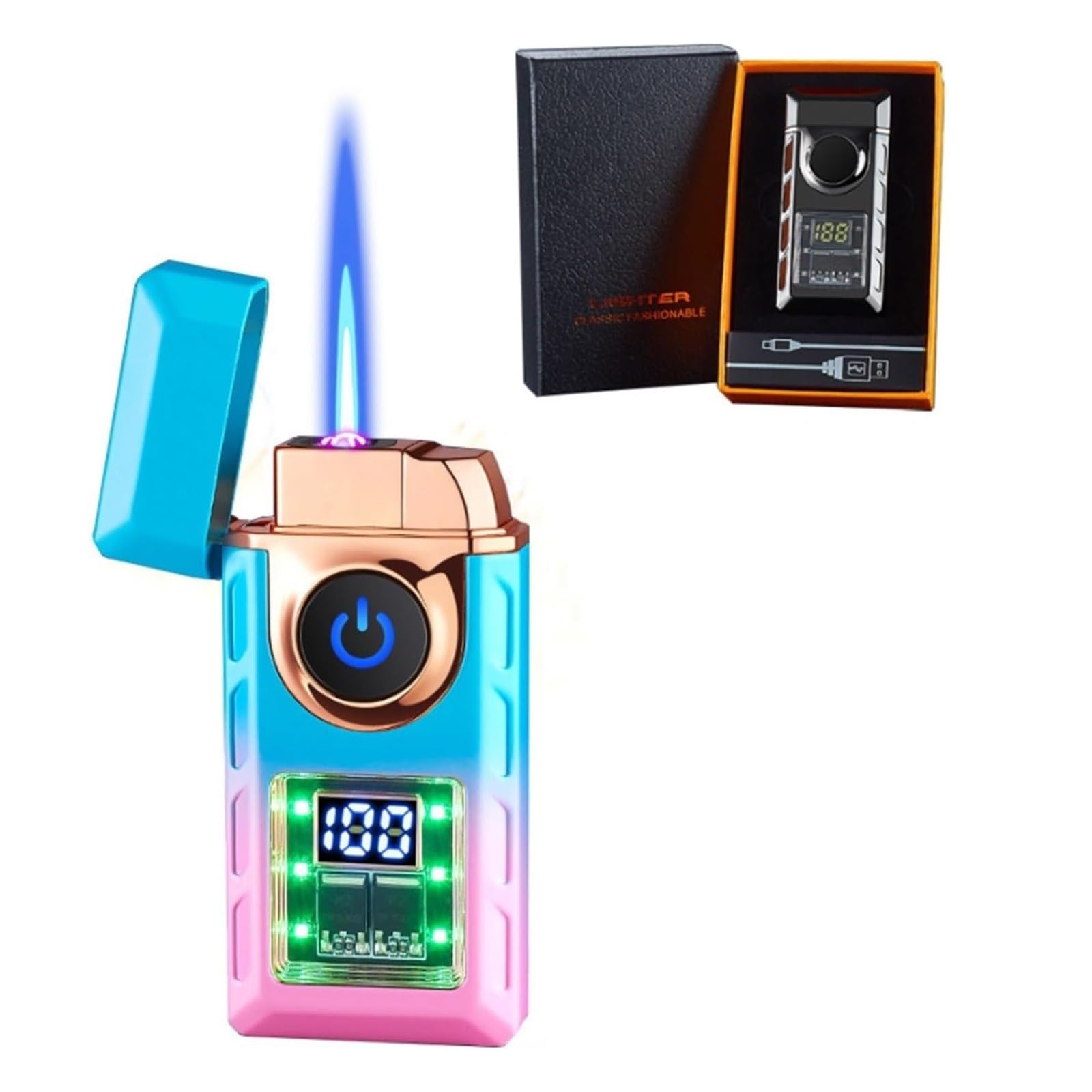 Encendedor de metal con sensor y llama azul antiviento para ver el nivel de gas de forma clara