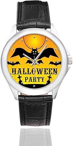 Happy Halloween - Relojes clásicos de acero inoxidable con correa de cuero para mujer, color negro